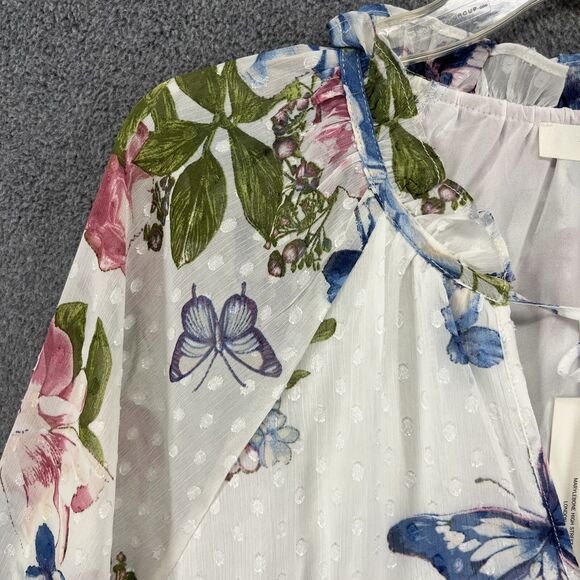 Haver & Blair London Top XL White Boho Floral Butterfly Blouse Tassel‎ Neck Tie - Picture 4 of 16